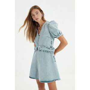 Trendyol Blue Belted Balloon Sleeve Denim Dress