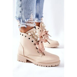 Beige Boots With Pearls, Rhinestones And Ribbon Nudago