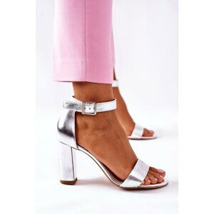 Classic Leather Sandals On Block Heel Laura Messi 1760 Silver