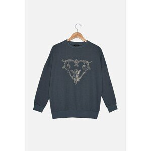 Trendyol Blue Printed Oversized Thick Knitted Sweatshirt