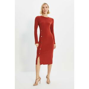 Trendyol Cinnamon Button Detailed Slit Knitted Dress