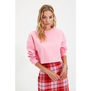Trendyol Pink Embroidered Crop Raised Knitted Thick Sweatshirt