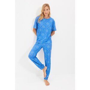 Trendyol Blue Mystic Print Pattern Knitted Pajamas Set