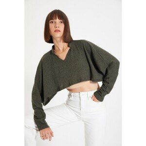 Trendyol Khaki Super Crop Long Sleeve Tricot Look Knitted Blouse