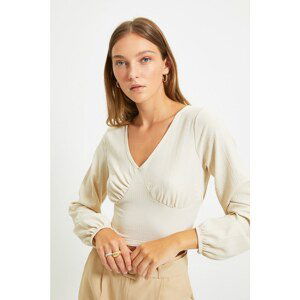 Trendyol Stone V-neck Crepe Knitted Blouse