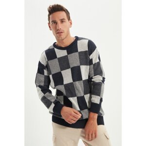 Trendyol Navy Blue Men's Oversize Crew Neck Checked Knitwear Sweater