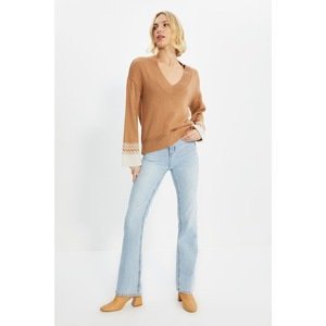 Trendyol Camel V-Neck Oversize Knitwear Sweater