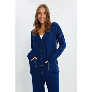 Trendyol Navy Blue V-Neck Piping Detailed Cardigan Trousers Bottom-Top Knitwear Suit Bottom-Top Suit