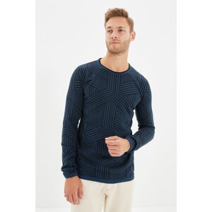 Trendyol Navy Blue Men's Slim Fit Crew Neck Geometric Knitwear Sweater