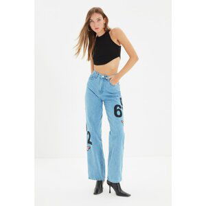 Trendyol Blue Printed High Waist Wide Leg Jeans