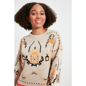 Trendyol Stone Crew Neck Jacquard Knitwear Sweater