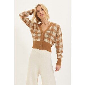 Trendyol Camel Crop Jacquard Knitwear Cardigan