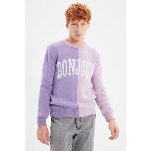Trendyol Lilac Men's Slim Fit Crew Neck Paneled Slogan Knitwear Sweater