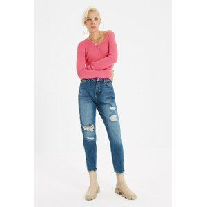 Trendyol Dark Blue Ripped Detailed High Waist Mom Jeans