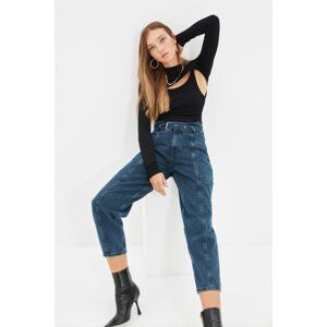 Trendyol Navy Blue Belted Stitching Detail High Waist Mom Jeans