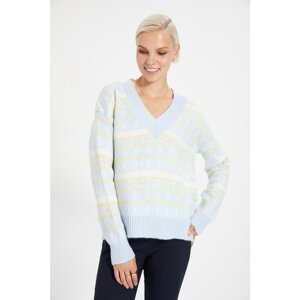 Trendyol Light Blue Jacquard V-Neck Knitwear Sweater
