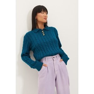 Trendyol Oil Polo Collar Knitted Detailed Knitwear Sweater