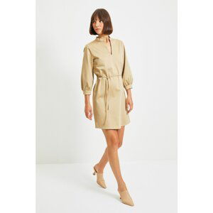 Trendyol Camel Belted V-Neck Dress