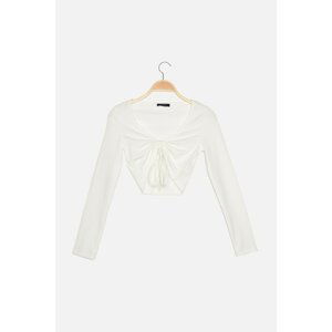 Trendyol Ecru Tie Detail Fitted/Simple Crop V-Neck Ribbed Stretch Knit Blouse