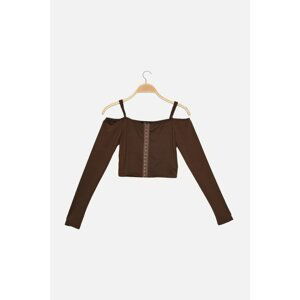 Trendyol Brown Carmen Collar, Straps and Contour Detail Crop Flexible Knitted Blouse