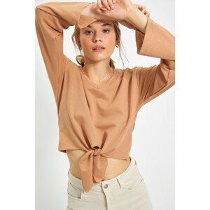 Trendyol Camel Tie Detailed Crop Knitted Sweatshirt