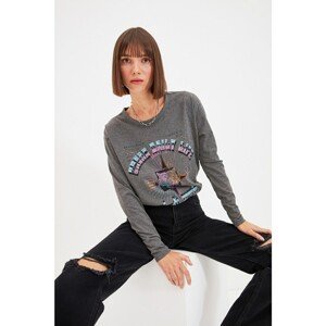 Trendyol Anthracite Printed Boyfriend Long Sleeve Knitted T-Shirt