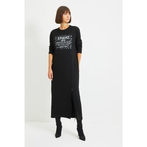 Trendyol Black Printed Slit Detailed Midi Knitted Dress