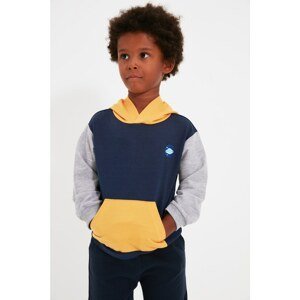 Trendyol Navy Blue Color Block Patch Detail Hooded Boy Knitted Slim Sweatshirt