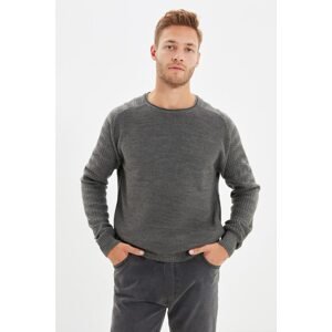 Trendyol Gray Men's Slim Fit Crew Neck Sleeve Textured Patterned Raglan Sleeve Knitwear Sweater