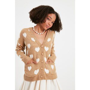 Trendyol Camel Heart Jacquard Pocket Knitwear Cardigan