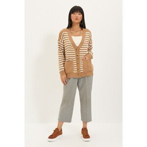 Trendyol Camel Striped And Pocket Detailed Knitwear Cardigan