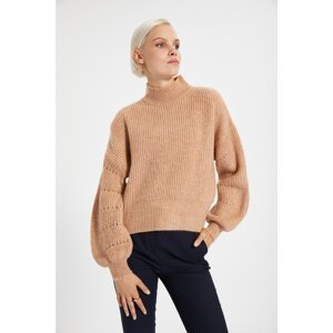 Trendyol Camel High Collar Openwork Knitwear Sweater