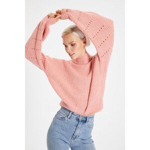 Trendyol Pink Stand Up Collar Openwork Knitwear Sweater