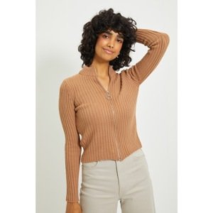 Trendyol Camel Zippered Knitwear Cardigan