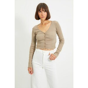 Trendyol Beige Button Detailed V-Neck Ribbed Stretch Knitted Blouse