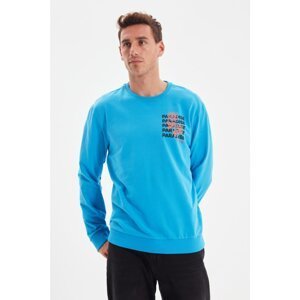 Trendyol Blue Men's Regular Fit Long Sleeve Crew Neck Printed Sweatshirt 100% Cotton