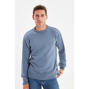Trendyol Blue Men's Oversize Crew Neck Side Buttons Knitwear Sweater