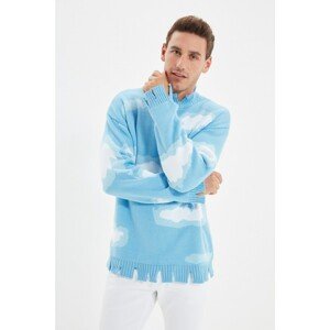 Trendyol Blue Men's Casual Cut Half Turtleneck Ripped Collar Printed Sweater