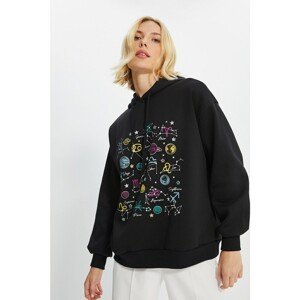 Trendyol Black Printed Hoodie Knitted Sweatshirt