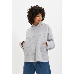 Trendyol Gray Kangaroo Pocket Hooded Oversize Knitted Raised Sweatshirt