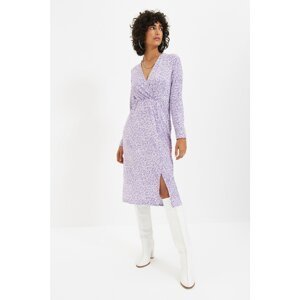 Trendyol Lilac Double Breasted Collar Ribbed Printed Knitted Dress