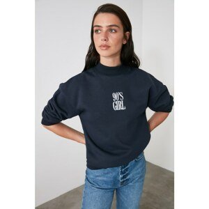 Trendyol Navy Blue Embroidered Stand Up Collar Basic Knitted Sweatshirt