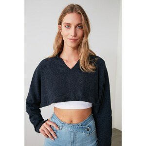 Trendyol Navy Blue Super Crop Long Sleeve Knitted Look Knitted Blouse