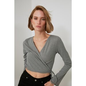 Trendyol Gray Tie Detailed Knitted Blouse