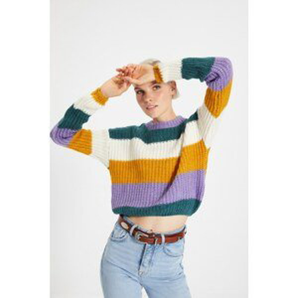 Trendyol Green Striped Crop Knitwear Sweater