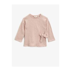 Koton Girl's Pink Velvet Bow Long Sleeve Crew Neck Sweatshirt