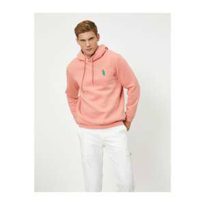 Koton Men's Pink Hooded Long Sleeve Sweatshirt with Embroidery Detail