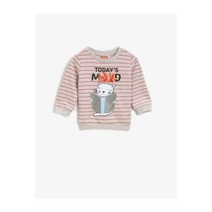 Koton Girls Ecru Striped Crew Neck Printed Sweatshirt