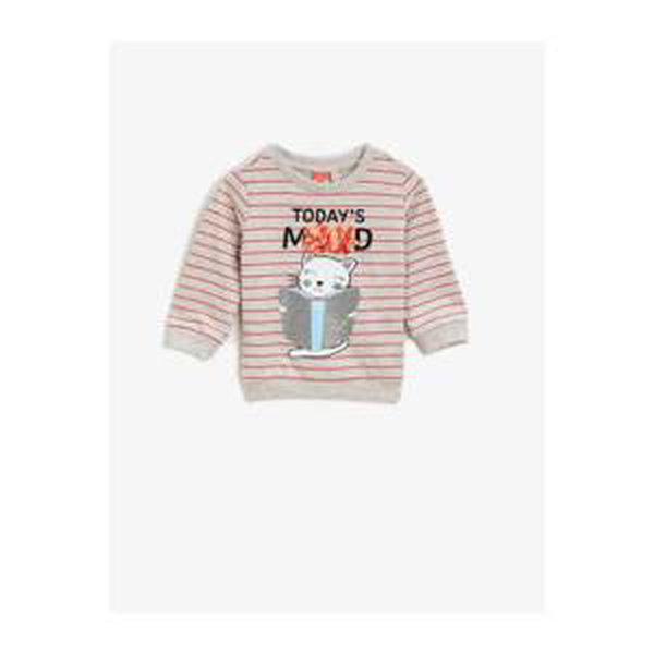 Koton Girls Ecru Striped Crew Neck Printed Sweatshirt