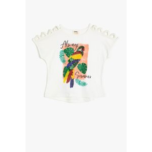 Koton Ecru Crew Neck Short Sleeve 100% Cotton Printed Sequin T-Shirt